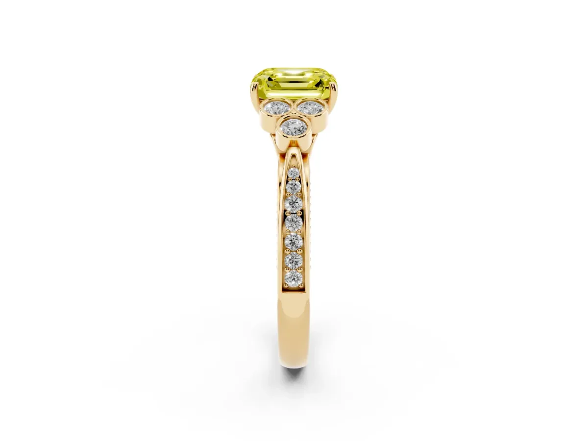 Fancy Yellow Asscher Cut Cut Diamond Engagement Ring with Bezel Set Round Side Stones and Prong Setting Yellow gold