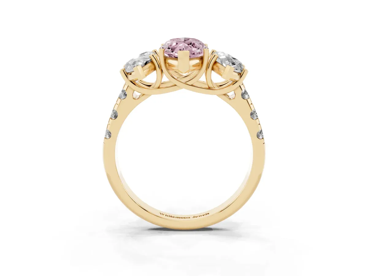 Fancy Pink Three-Stone Marquise Cut Diamond Pavé Band with Prong Setting Yellow gold