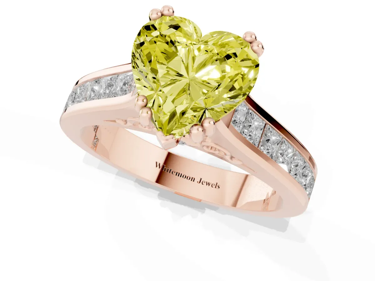 Fancy Yellow Heart Cut Cut Channel Set Solitaire Engagement Ring with Prong Setting Rose gold