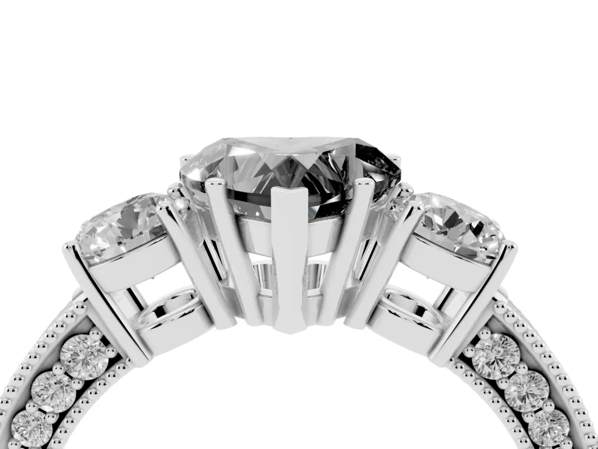 Fancy Black Heart Cut Three-Stone Diamond Ring with Pavé Band and Four-Prong Setting Silver