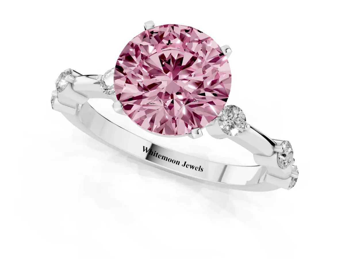 Fancy Pink Round Cut Solitaire Diamond Ring with Bezel Set Side Stones and Prong Setting Silver
