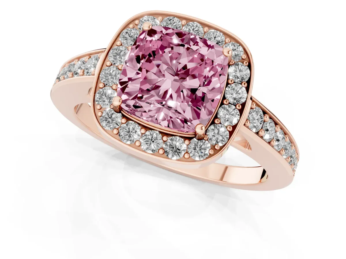 Fancy Pink Cushion Cut Halo Pavé Diamond Engagement Ring with Bezel Setting Rose gold