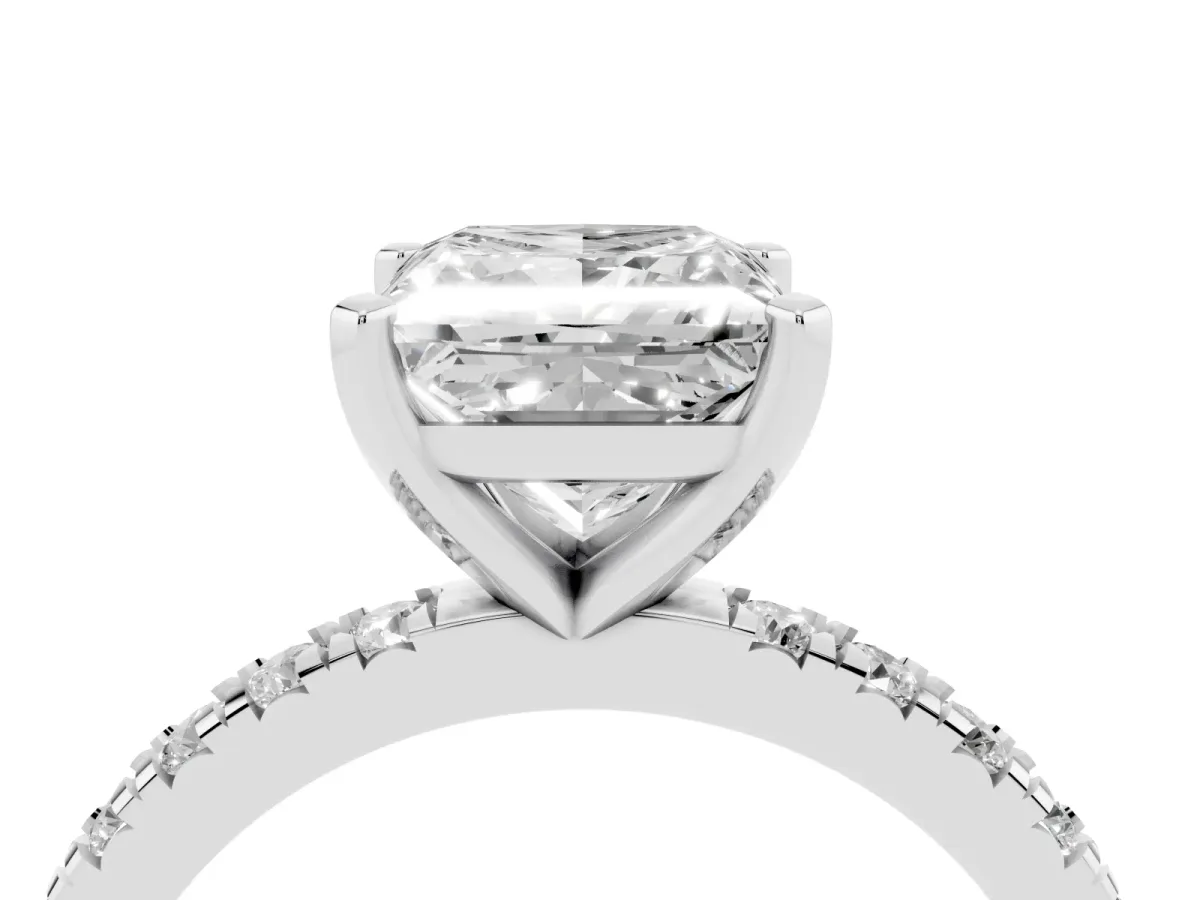 Princess Cut Diamond Pavé Band Solitaire with Four-Prong Setting Silver