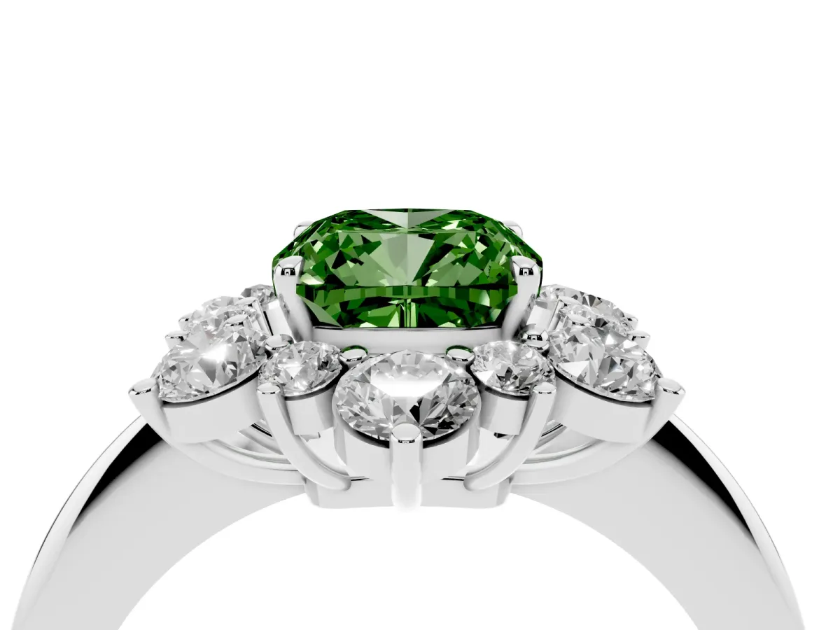 Fancy Green Cushion Cut Diamond Cluster Halo Ring with Solitaire Band and Four-Prong Setting White gold
