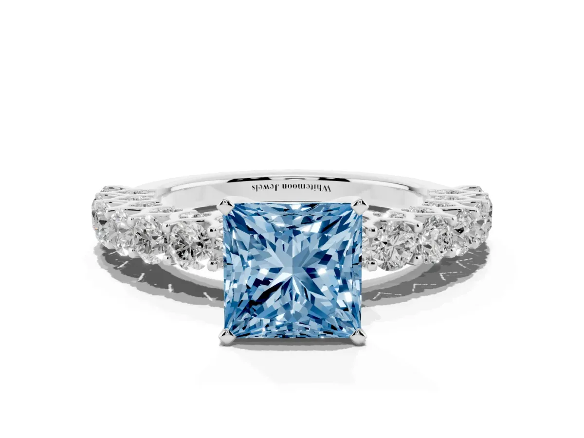 Fancy Blue Princess Cut Diamond Solitaire Ring with Shared Prong Pavé Band and Four-Prong Setting Silver