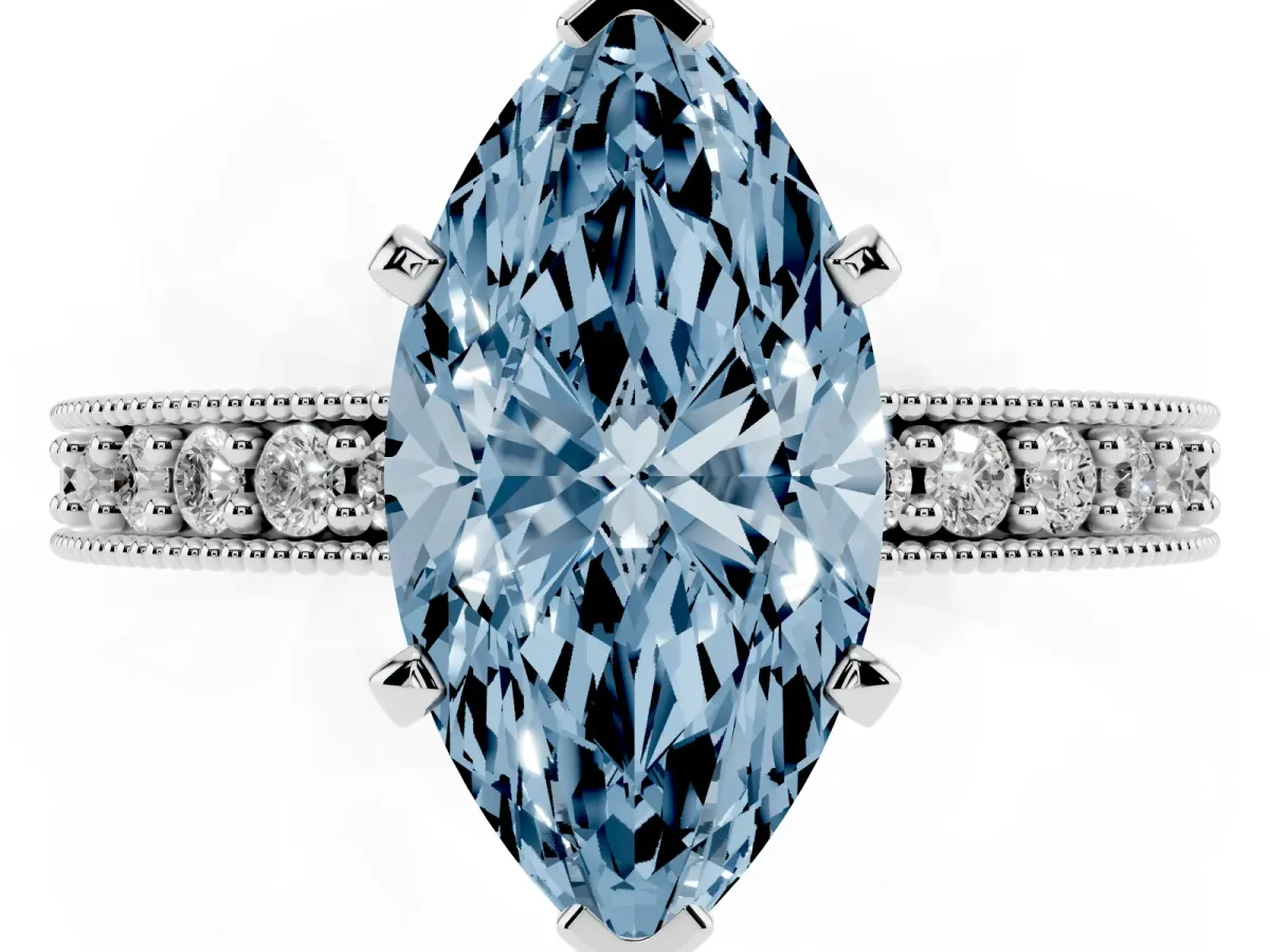 Fancy Blue Marquise Cut Diamond Milgrain Pavé Engagement Ring with Four-Prong Setting Silver