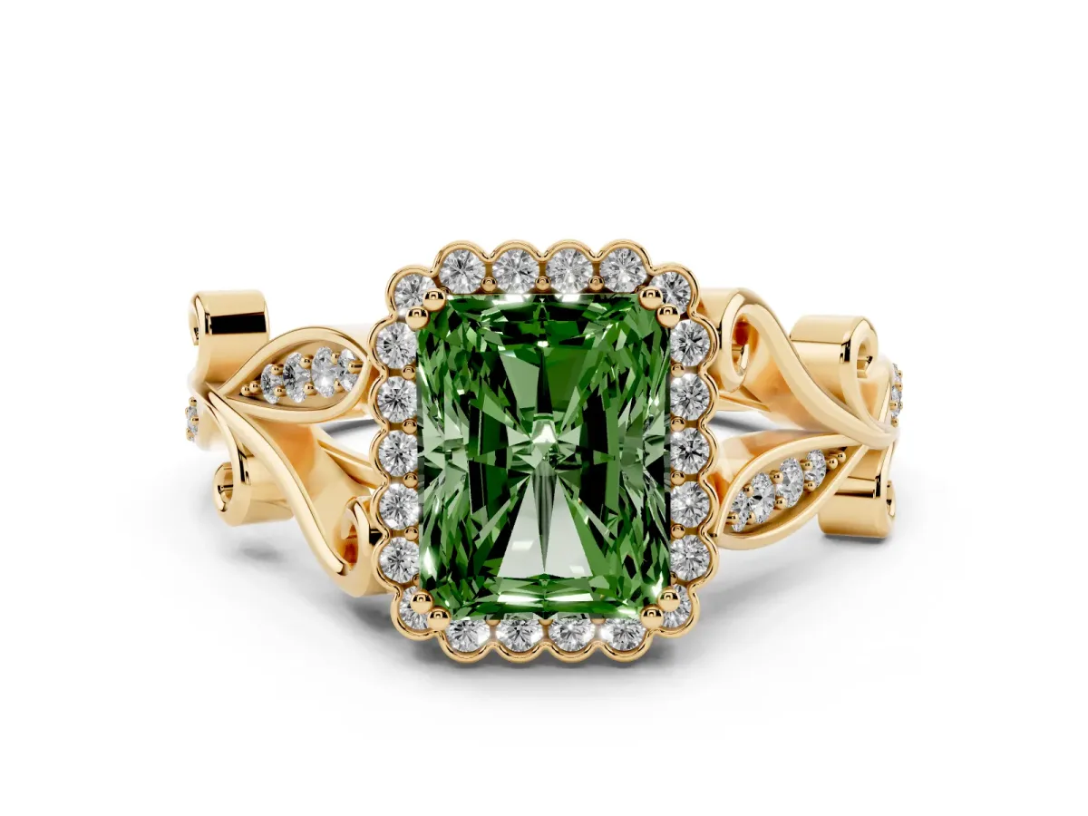 Fancy Green Radiant Cut Diamond Halo Ring with Vintage Split Shank and Four-Prong Setting Yellow gold