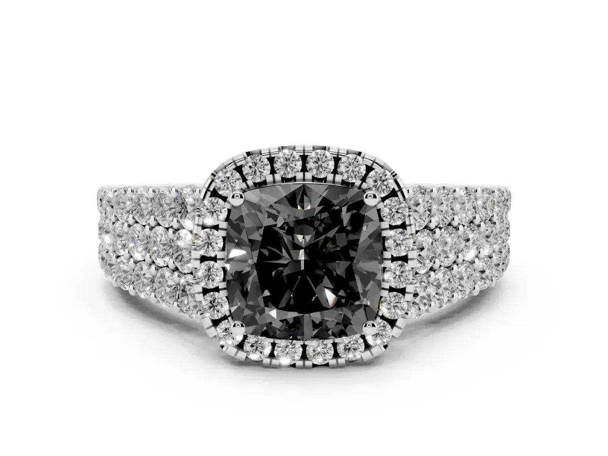 Fancy Black Cushion Cut Diamond Halo Engagement Ring with Triple Row Round Pavé Band and Prong Setting Silver