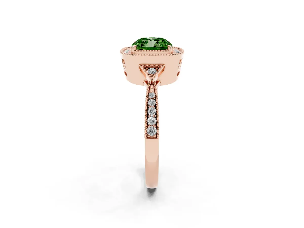Fancy Green Cushion Cut Halo Round Diamond Milgrain Pave Engagement Ring Rose gold