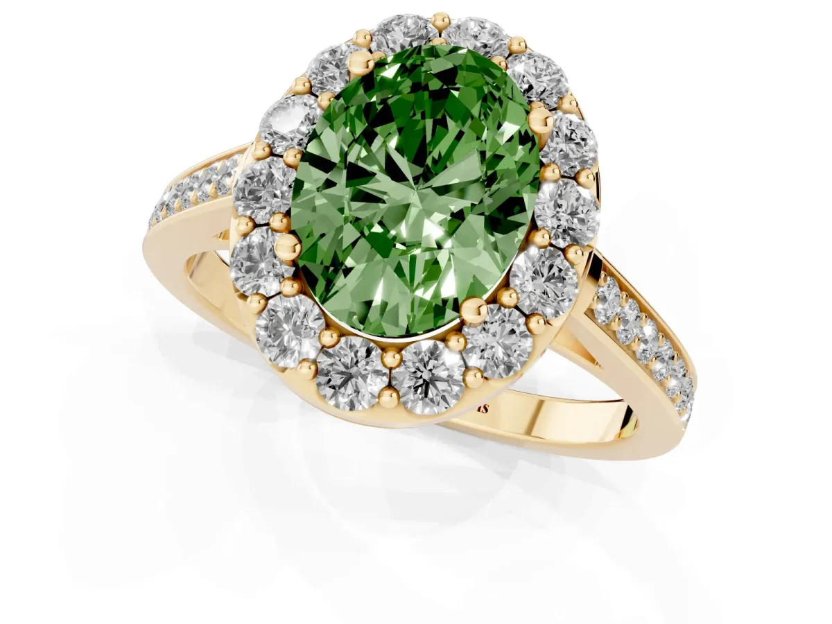 Fancy Green Oval Cut Diamond Floral Halo Ring with Pavé Band and Prong Setting Yellow gold