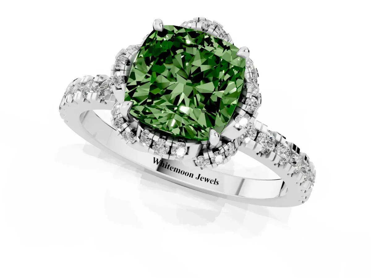 Fancy Green Cushion Cut Diamond Halo Pave Band with Four-Prong Setting Platinum