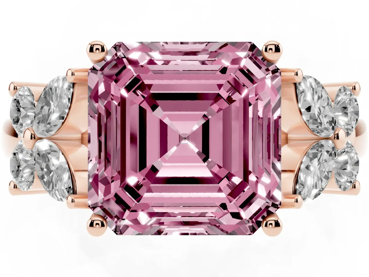 Fancy Pink Princess Cut Diamond Floral Cluster Ring with Solitaire Band and Prong Setting Rose gold