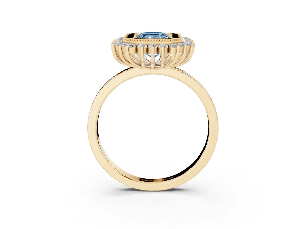 Fancy Blue Emerald Cut Halo Diamond Ring with Milgrain Edge and Round Prong Setting Yellow gold