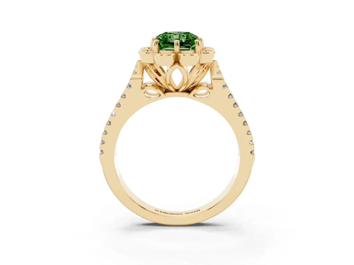 Fancy Green Radiant Cut Halo Diamond Floral Split Shank Engagement Ring Yellow gold