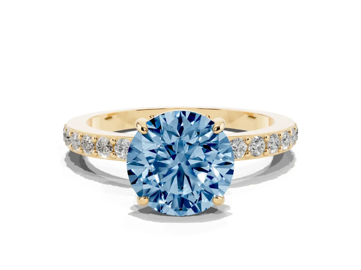 Fancy Blue Round Cut Diamond Pavé Engagement Ring with Round Accents and Prong Setting Yellow gold