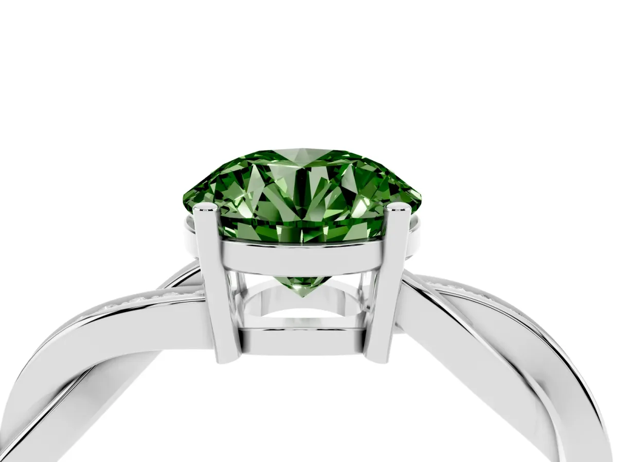 Fancy Green Round Cut Solitaire Twisted Pave Diamond Ring with Four-Prong Setting Silver