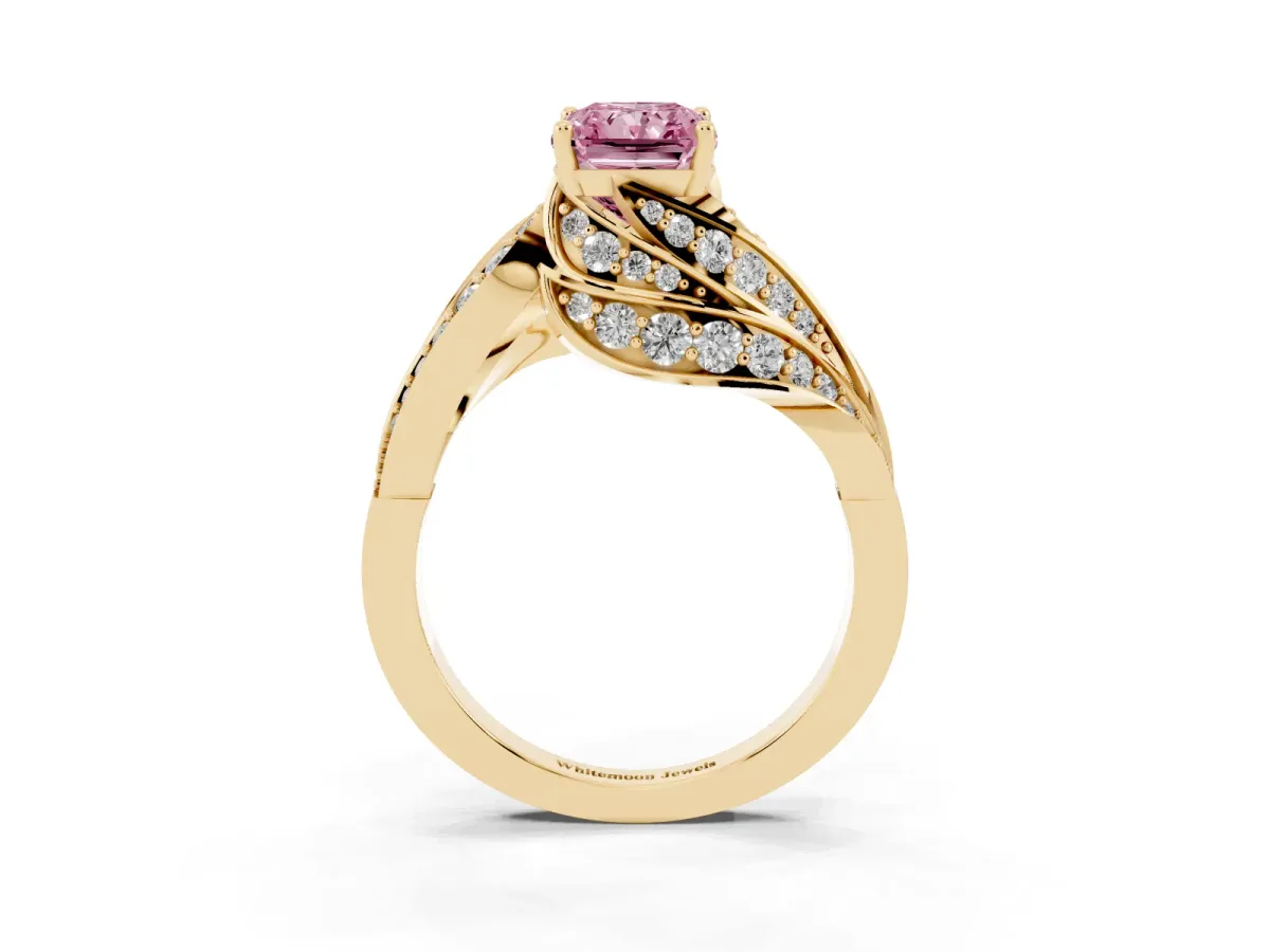 Fancy Pink Radiant Cut Diamond Solitaire Ring with Prong Setting and Twisted Pavé Band Yellow gold