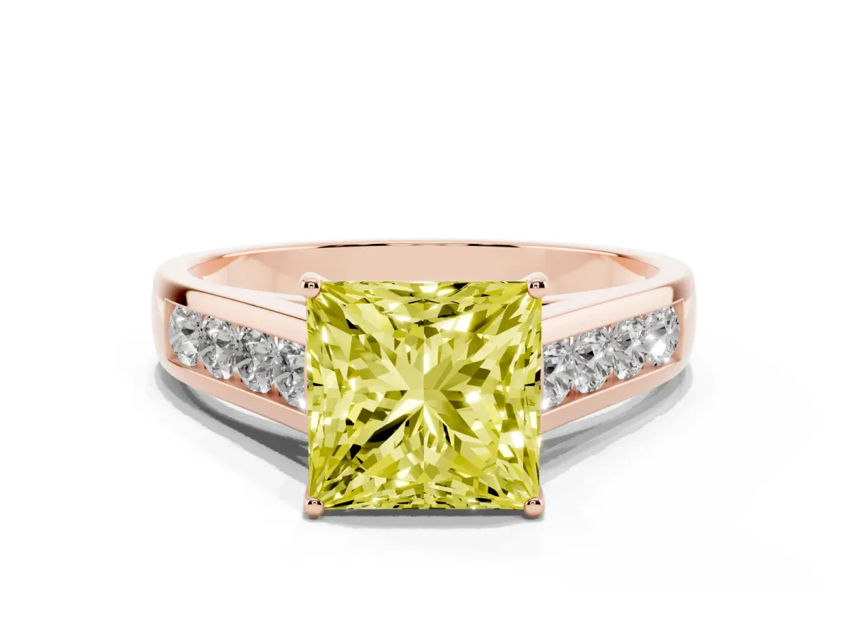 Fancy Yellow Princess Cut Solitaire Channel-Set Diamond Engagement Ring with Four-Prong Setting Rose gold