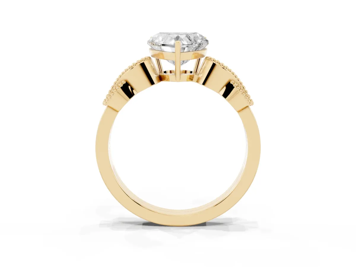 Heart Cut Solitaire Milgrain Leaf Band with Prong Setting Yellow gold
