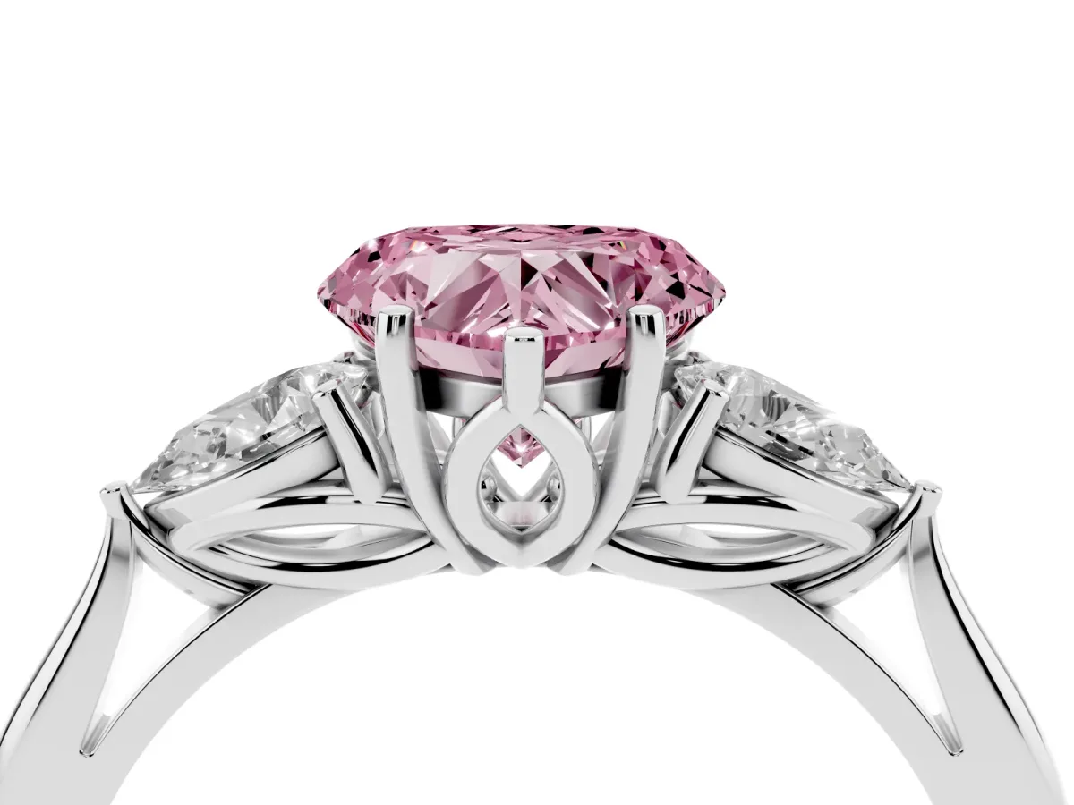 Fancy Pink Heart Cut Diamond Three-Stone Ring with Pear Side Stones and Prong Setting Silver