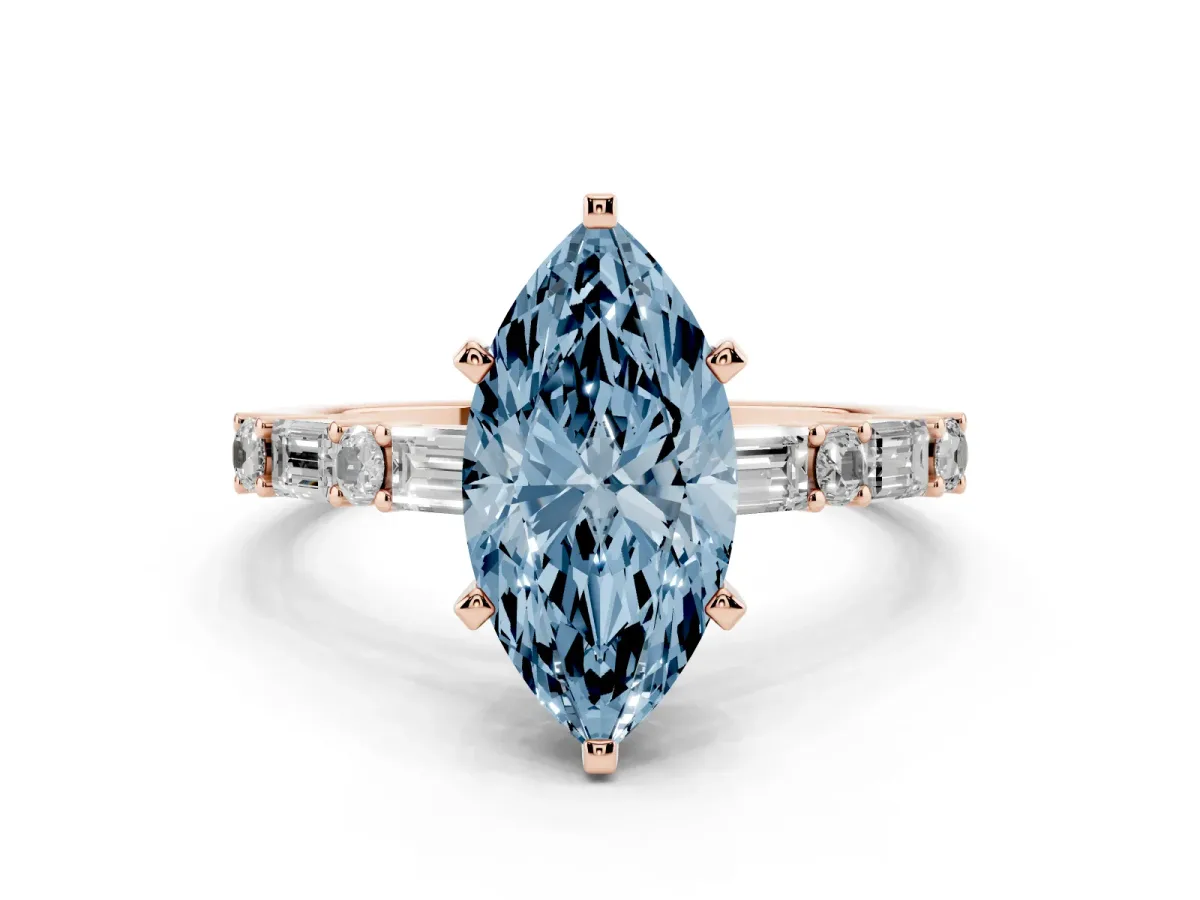 Fancy Blue Marquise Cut Diamond Solitaire with Side Baguettes and Channel Set Band Rose gold