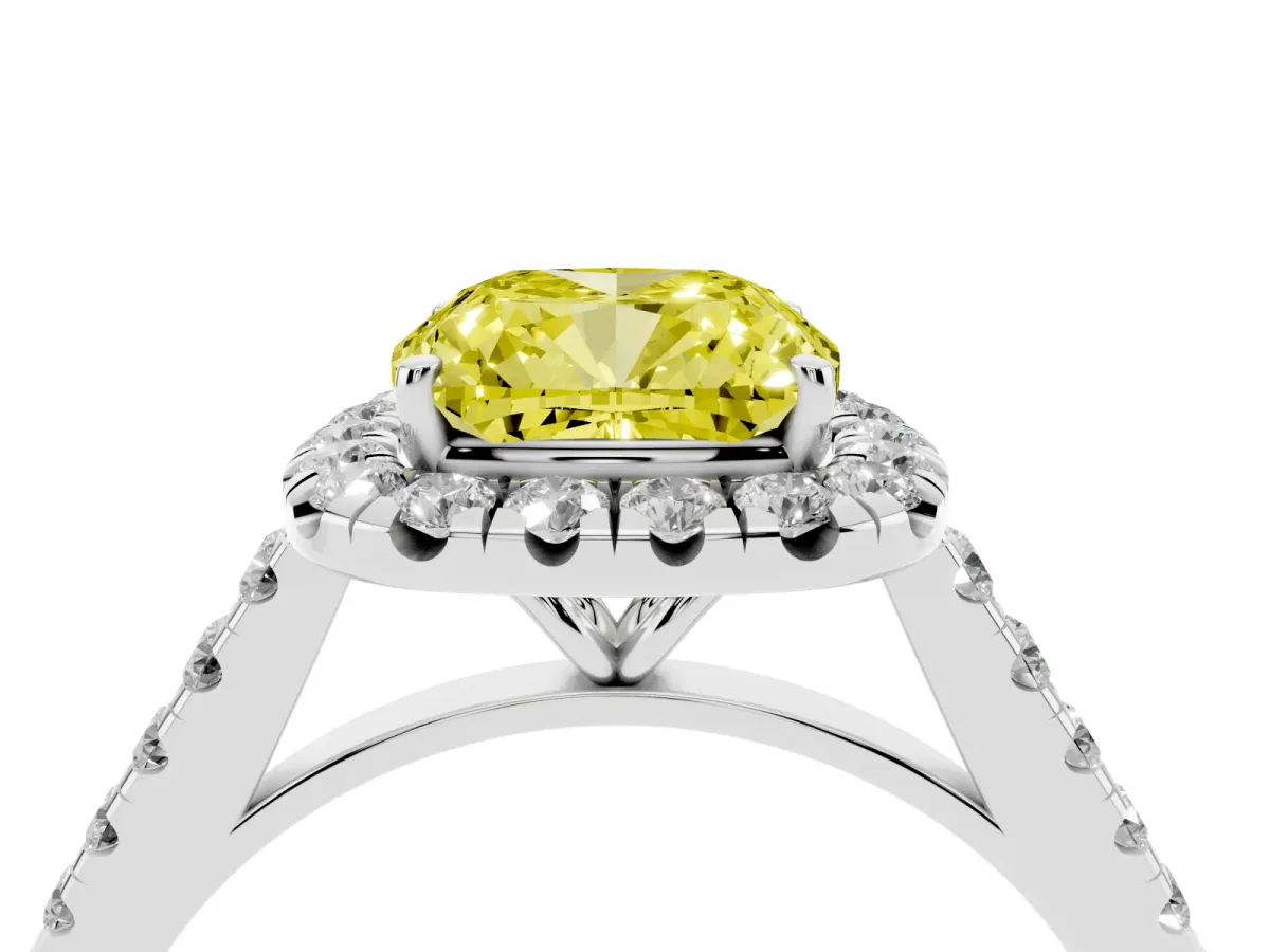 Fancy Yellow Cushion Cut Halo Pave Diamond Engagement Ring with Four-Prong Setting White gold