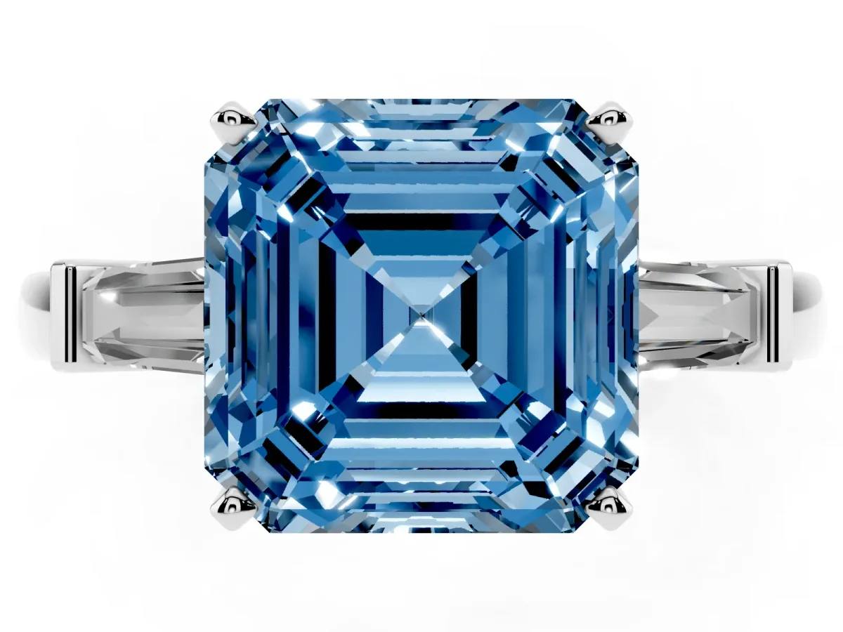 Fancy Blue Asscher Cut Cut Diamond Solitaire Ring with Tapered Baguette Accents and Four-Prong Setting White gold