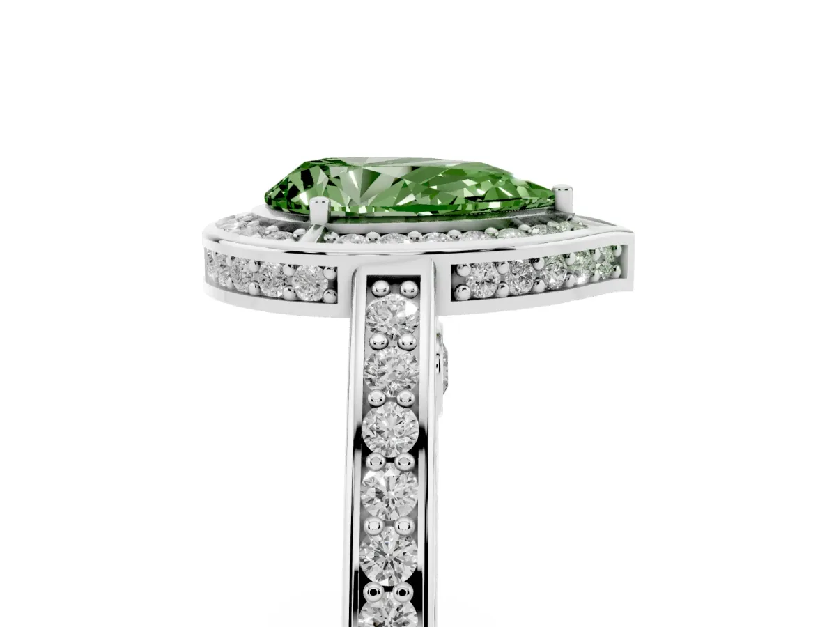 Fancy Green Pear Cut Cut Halo Pave Split Shank Prong Setting Ring Silver
