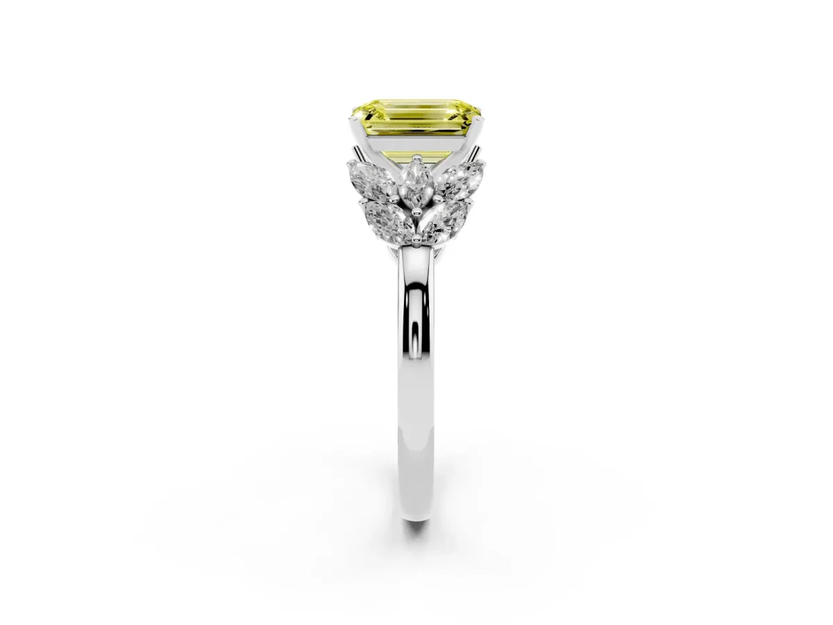 Fancy Yellow Emerald Cut Diamond Cluster Leaf Design Ring with Prong Setting White gold