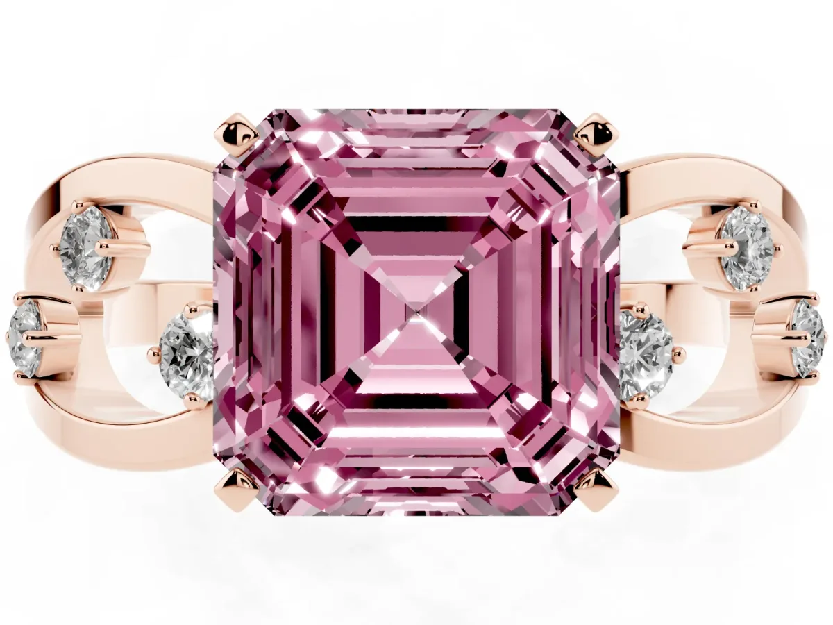 Fancy Pink Asscher Cut Cut Solitaire Diamond with Side Stones on Criss-Cross Band and Four-Prong Setting Rose gold