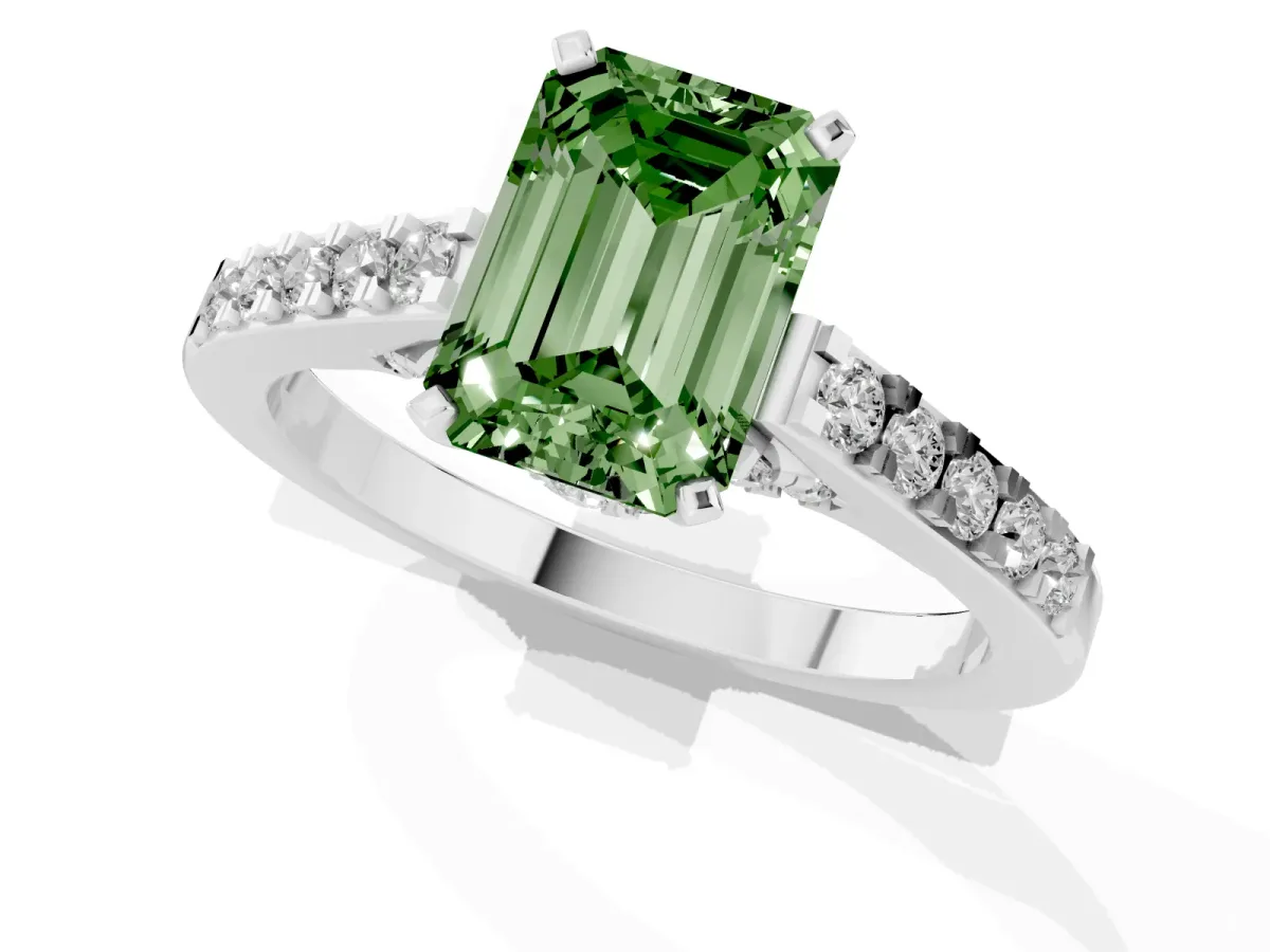 Fancy Green Emerald Cut Diamond Solitaire Ring with Crossover Gallery and Round Pavé Band Silver