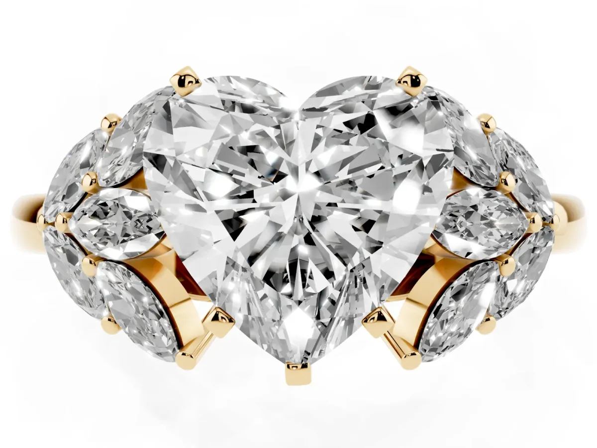 Heart Cut Diamond Cluster Leaf Design Ring with Prong Setting Yellow gold