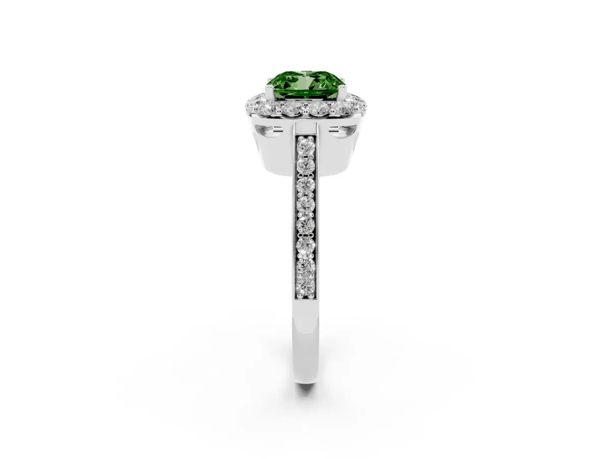 Fancy Green Cushion Cut Diamond Floral Halo Ring with Pavé Band and Prong Setting White gold