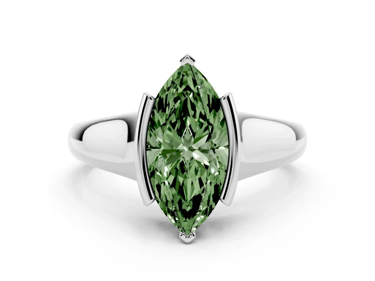 Fancy Green Marquise Cut Solitaire Tension Set Diamond Ring with Split Shank Band Platinum