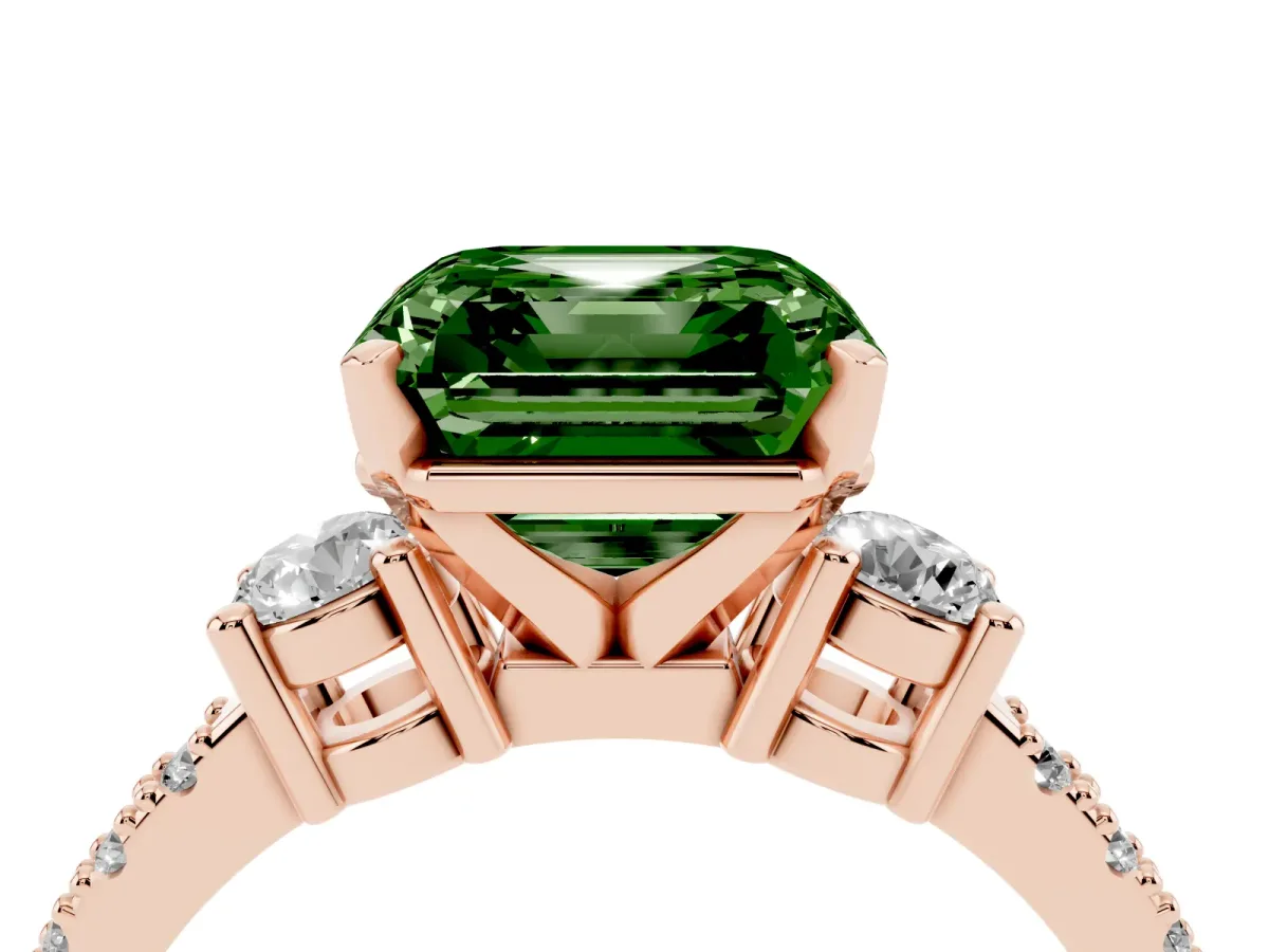 Fancy Green Asscher Cut Three-Stone Diamond Pavé Band with Prong Setting Rose gold