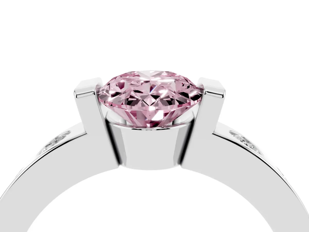 Fancy Pink Oval Cut Brilliant Channel-Set Diamond Ring with Bezel Prong Setting Platinum