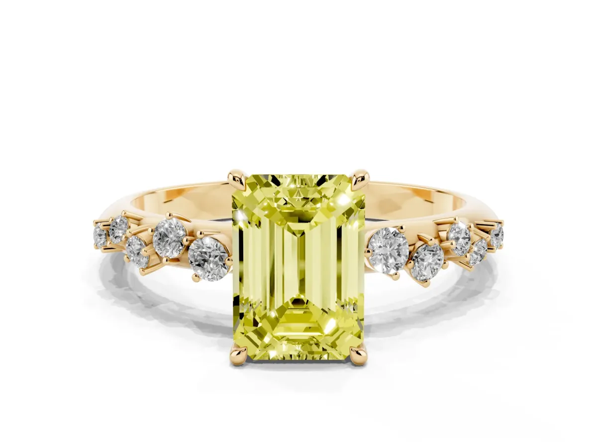 Fancy Yellow Emerald Cut Diamond Cluster Side Stone Solitaire Ring with Prong Setting Yellow gold