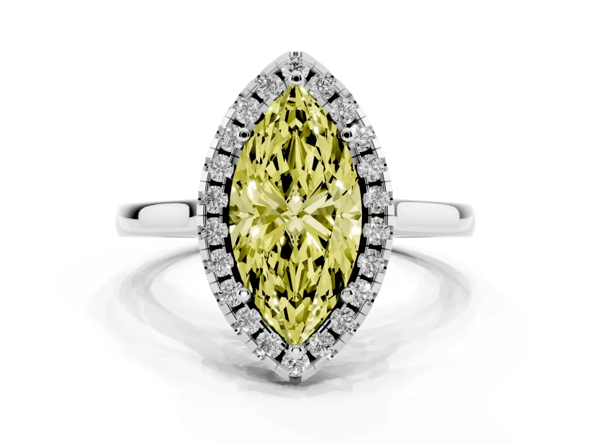 Fancy Yellow Marquise Cut Halo Round Diamond Solitaire Ring with Pavé Band and Four-Prong Setting Silver