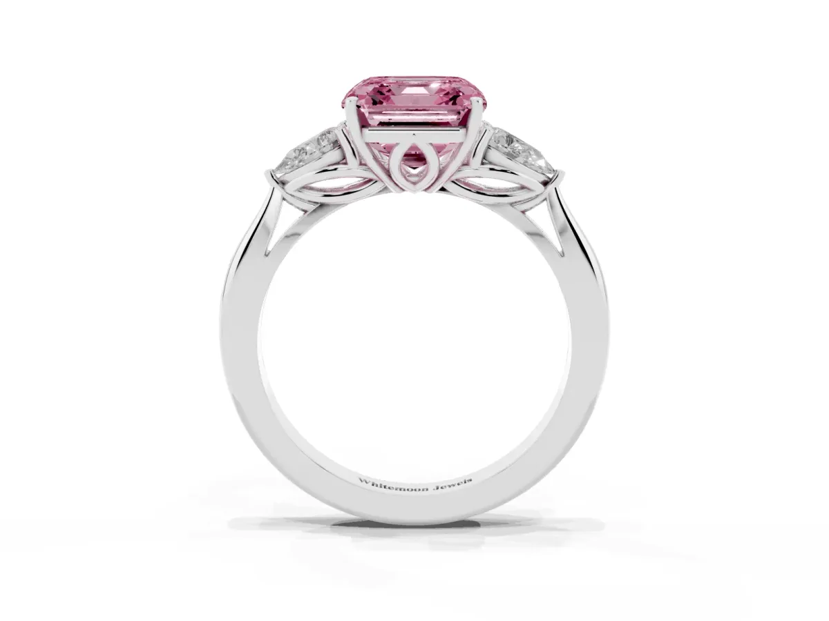 Fancy Pink Three-Stone Asscher Cut Brilliant Diamond Solitaire Ring with Tapered Band and Four-Prong Setting Platinum