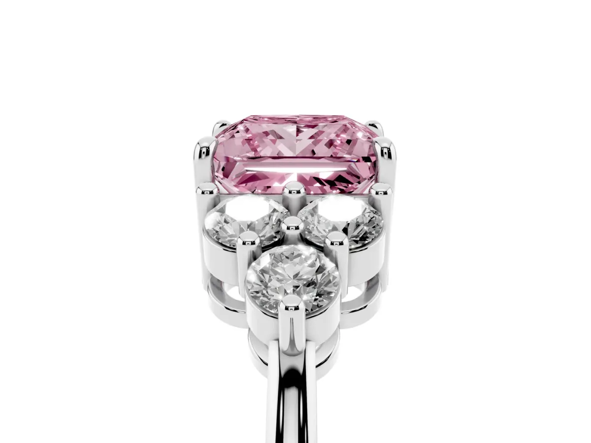 Fancy Pink Princess Cut Brilliant Diamond Cluster Accent Solitaire Ring with Prong Setting Silver