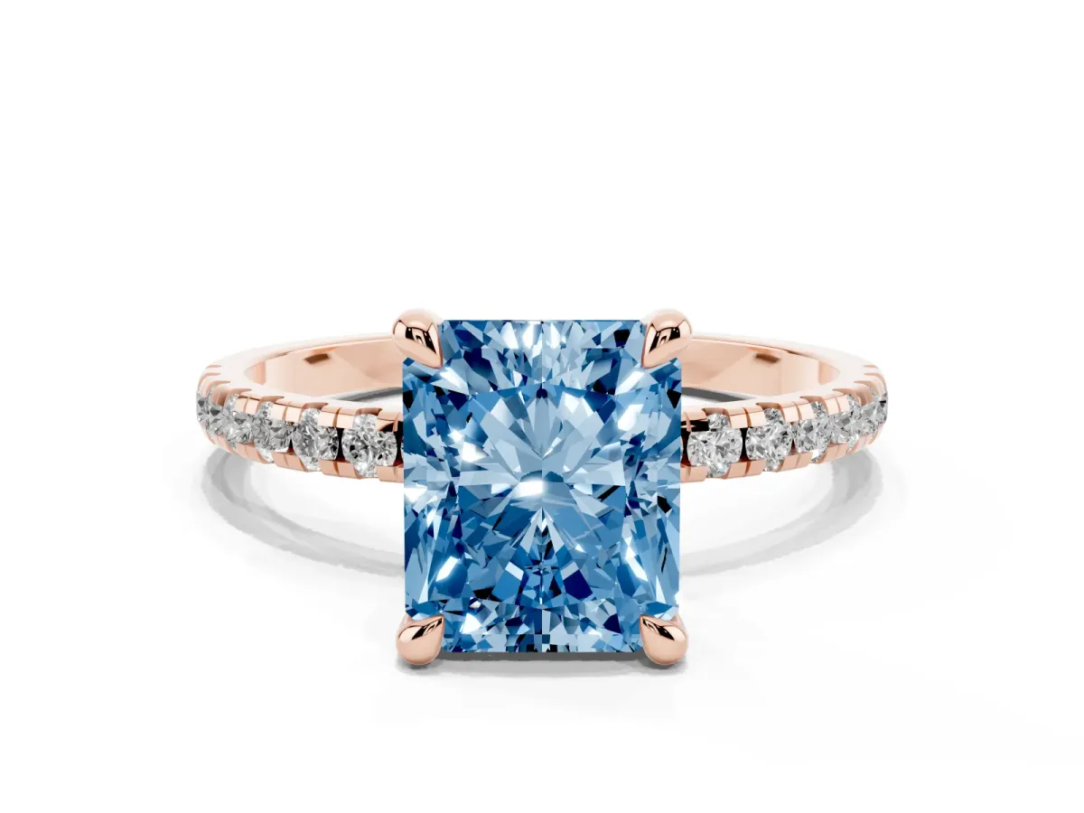 Fancy Blue Radiant Cut Diamond Brilliant Solitaire Ring with Pavé Band and Four-Prong Setting Rose gold