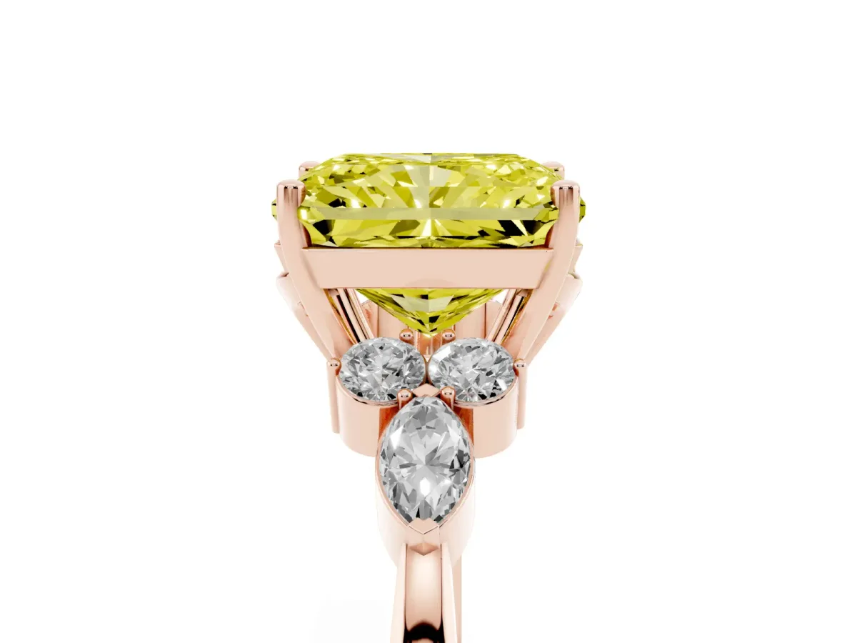 Fancy Yellow Radiant Cut Brilliant Diamond Solitaire Ring with Pear Side Stones and Four-Prong Setting Rose gold