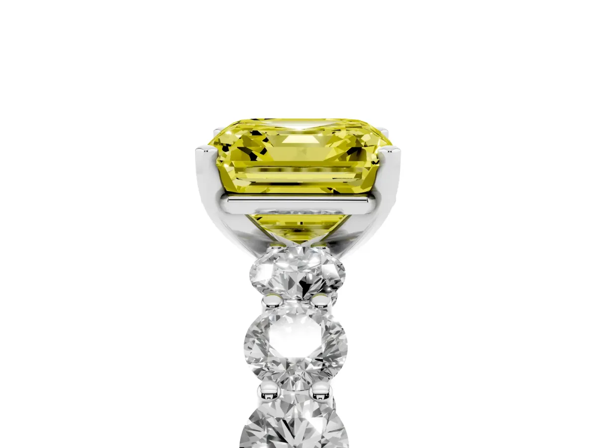 Fancy Yellow Asscher Cut Diamond Prong Setting with Side Stones on a Pave Band Silver