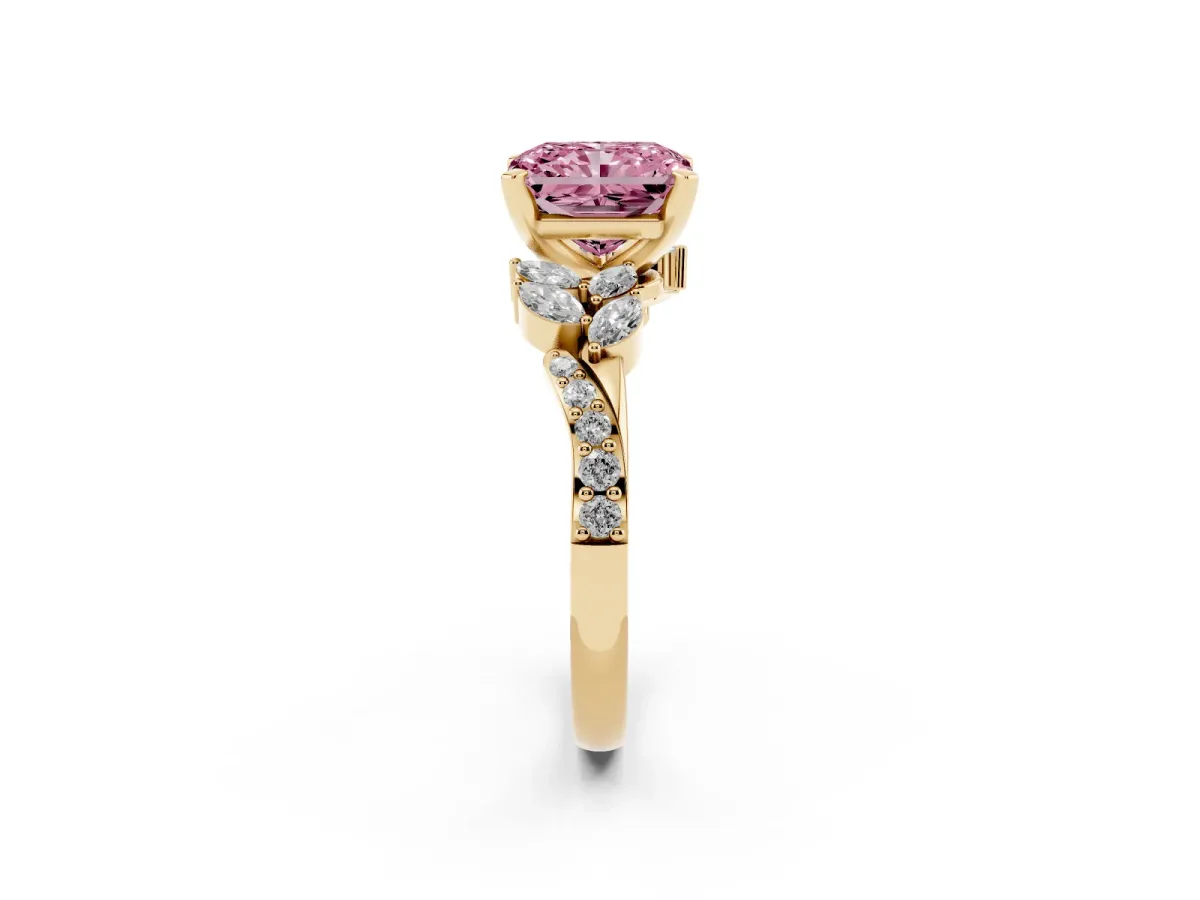 Fancy Pink Radiant Cut Solitaire Marquise Twist Band with Six-Prong Setting Yellow gold