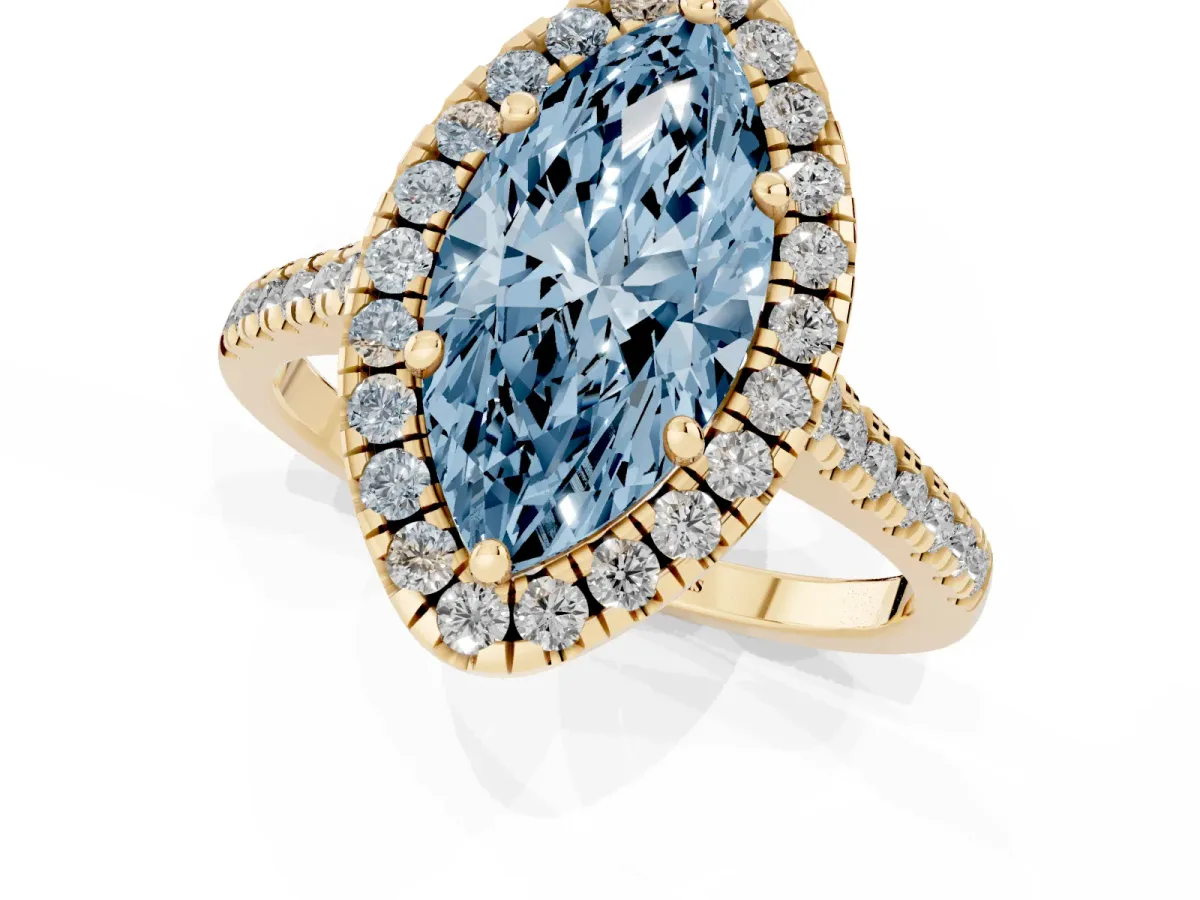 Fancy Blue Marquise Cut Diamond Cushion Halo Ring with Pavé Band Yellow gold