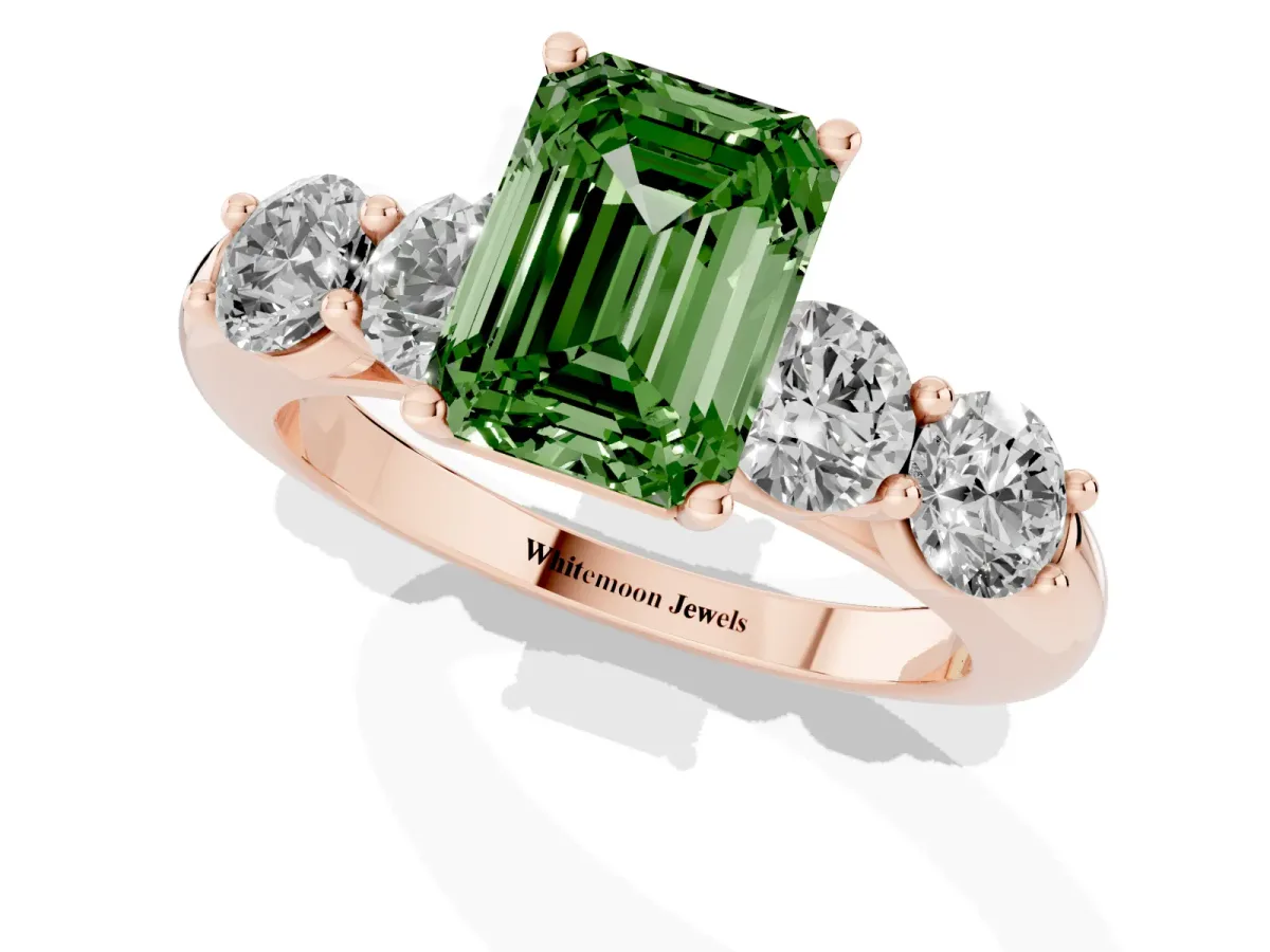 Fancy Green Emerald Cut Cut Five-Stone Prong Set Diamond Ring with Classic Band Rose gold