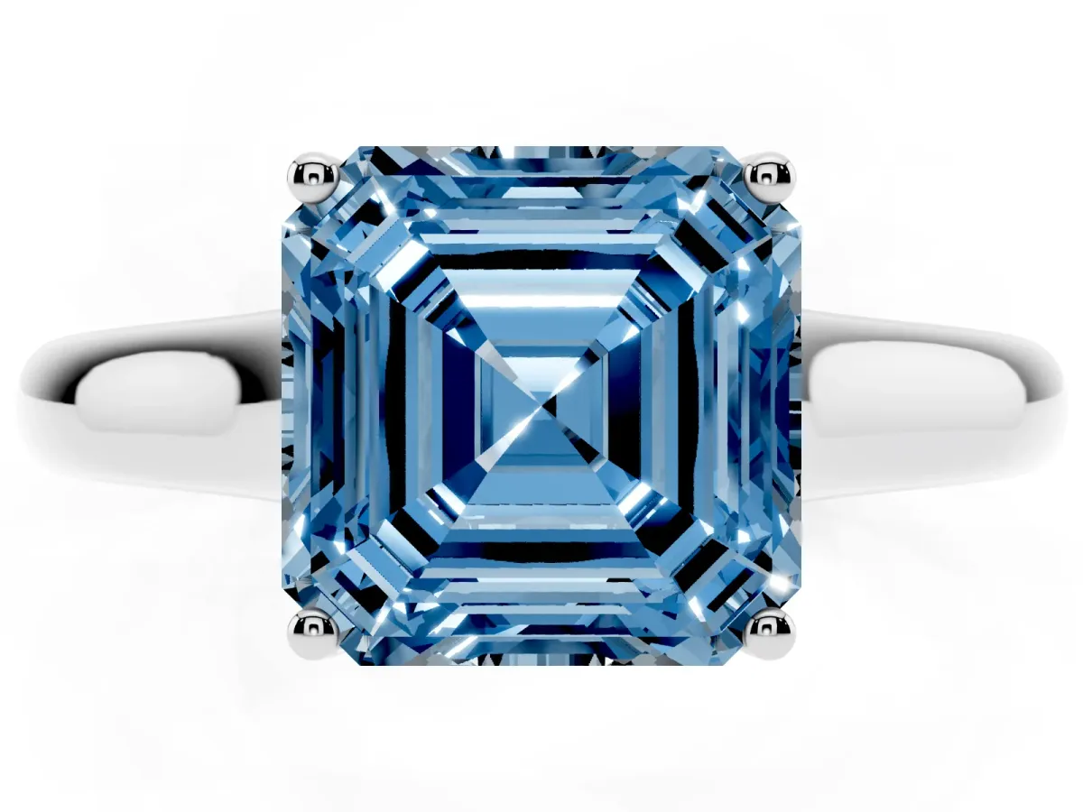 Fancy Blue Asscher Cut Solitaire Engagement Ring with Tapered Band and Four-Prong Setting Silver