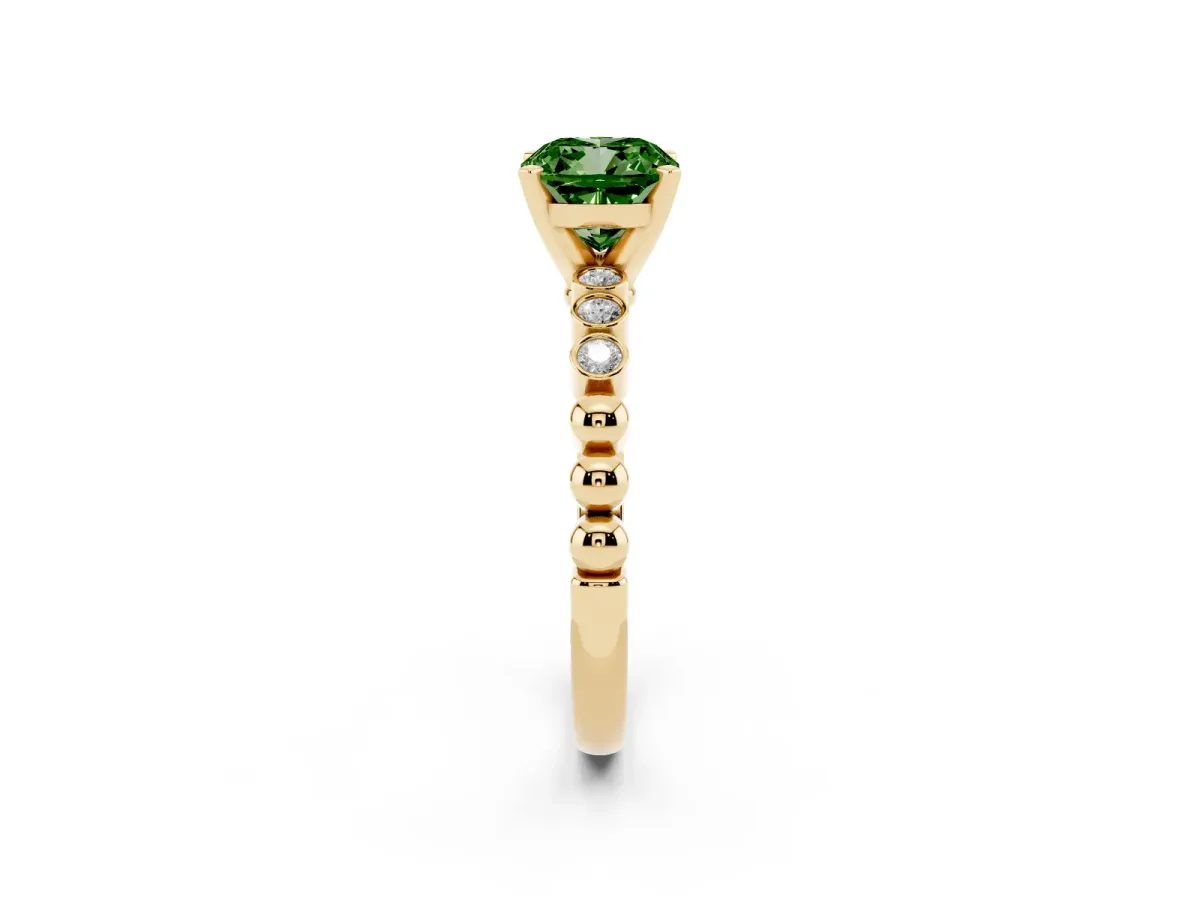 Fancy Green Cushion Cut Solitaire Bezel Accent Diamond Engagement Ring with Beaded Band and Four-Prong Setting Yellow gold