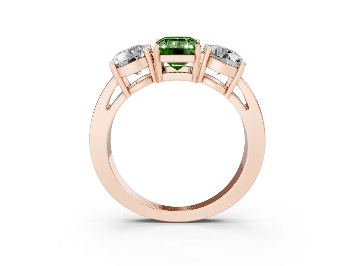 Fancy Green Three-Stone Emerald Cut Diamond Ring with Round Side Stones, Classic Band, and Four-Prong Setting Rose gold