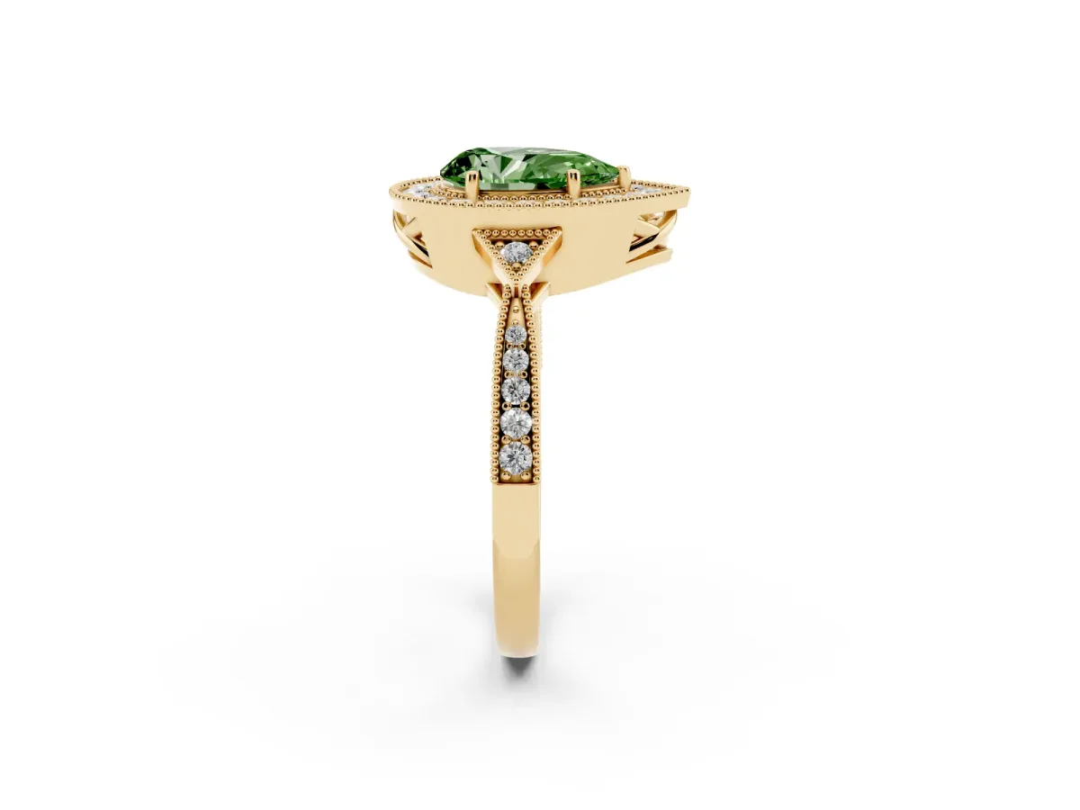Fancy Green Pear Cut Halo Round Diamond Milgrain Pave Engagement Ring Yellow gold